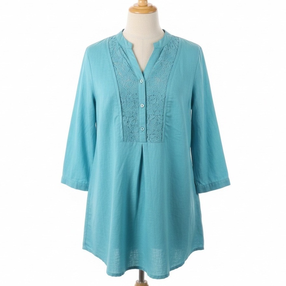 For Cynthia Tunic Top Size L Turquoise Lace Boho Coastal Cottagecore Resort